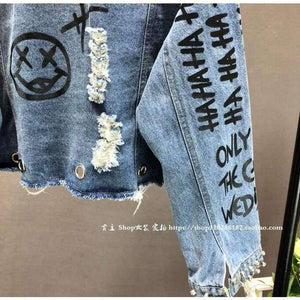 Planet Gates New Fashion Bead Diamond Graffiti Printed Short Design Denim Jacket Coat Women High Waist Cowboy Coats Student Streetwear