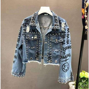 Planet Gates New Fashion Bead Diamond Graffiti Printed Short Design Denim Jacket Coat Women High Waist Cowboy Coats Student Streetwear