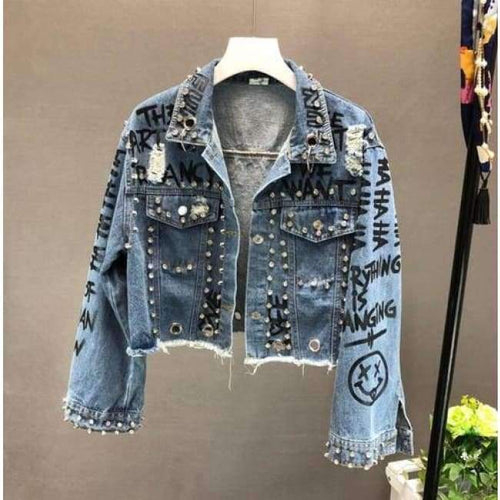 Planet Gates New Fashion Bead Diamond Graffiti Printed Short Design Denim Jacket Coat Women High Waist Cowboy Coats Student Streetwear