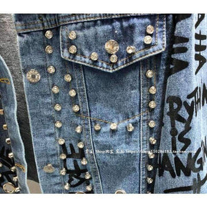 Planet Gates New Fashion Bead Diamond Graffiti Printed Short Design Denim Jacket Coat Women High Waist Cowboy Coats Student Streetwear