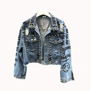 Planet Gates New Fashion Bead Diamond Graffiti Printed Short Design Denim Jacket Coat Women High Waist Cowboy Coats Student Streetwear