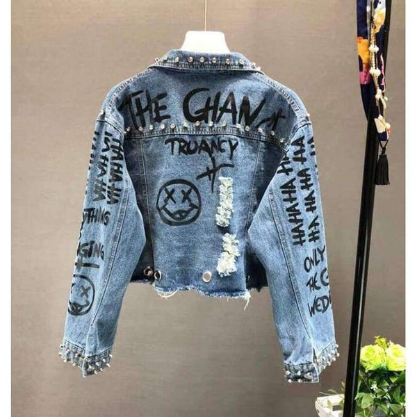 Planet Gates New Fashion Bead Diamond Graffiti Printed Short Design Denim Jacket Coat Women High Waist Cowboy Coats Student Streetwear