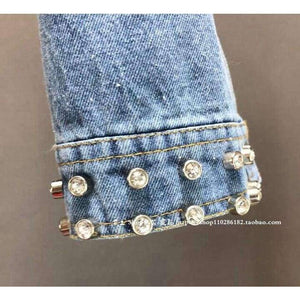 Planet Gates New Fashion Bead Diamond Graffiti Printed Short Design Denim Jacket Coat Women High Waist Cowboy Coats Student Streetwear