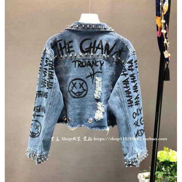 Planet Gates New Fashion Bead Diamond Graffiti Printed Short Design Denim Jacket Coat Women High Waist Cowboy Coats Student Streetwear