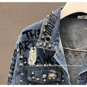 Planet Gates New Fashion Bead Diamond Graffiti Printed Short Design Denim Jacket Coat Women High Waist Cowboy Coats Student Streetwear
