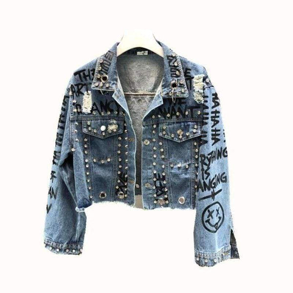 Planet Gates New Fashion Bead Diamond Graffiti Printed Short Design Denim Jacket Coat Women High Waist Cowboy Coats Student Streetwear