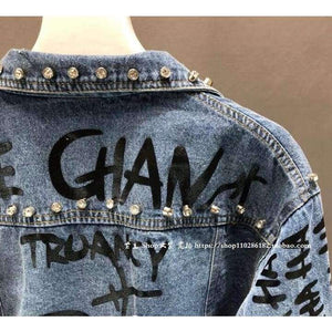 Planet Gates New Fashion Bead Diamond Graffiti Printed Short Design Denim Jacket Coat Women High Waist Cowboy Coats Student Streetwear