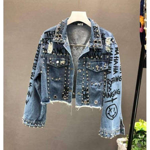 Planet Gates New Fashion Bead Diamond Graffiti Printed Short Design Denim Jacket Coat Women High Waist Cowboy Coats Student Streetwear