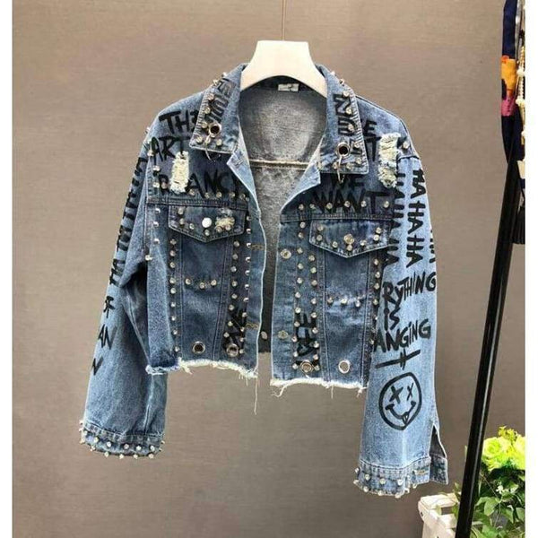 Planet Gates New Fashion Bead Diamond Graffiti Printed Short Design Denim Jacket Coat Women High Waist Cowboy Coats Student Streetwear