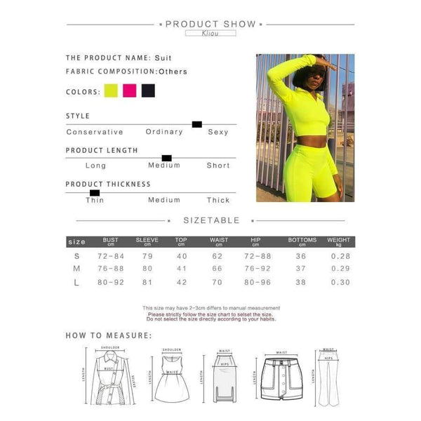 Planet Gates New Female Fluorescence Fitness Two Pieces Sets 2018 Autumn Full Sleeve Zipper Turtleneck Tops And High Waist Shorts Suits