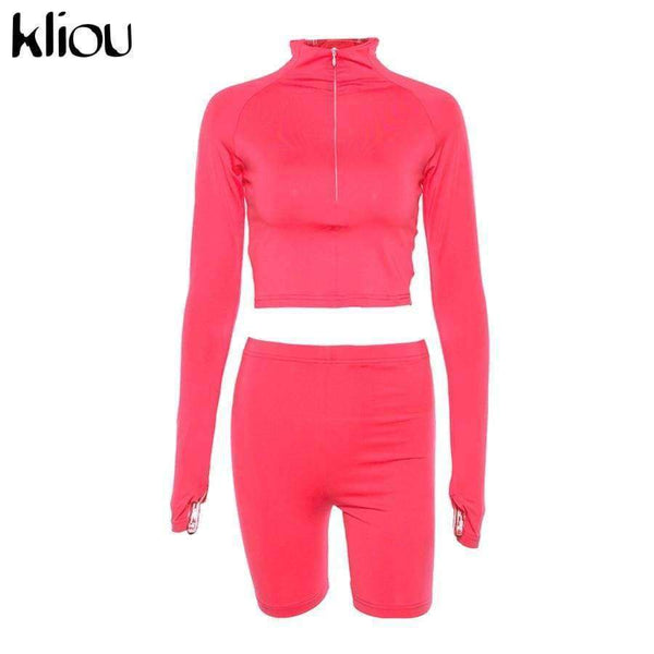 Planet Gates New Female Fluorescence Fitness Two Pieces Sets 2018 Autumn Full Sleeve Zipper Turtleneck Tops And High Waist Shorts Suits