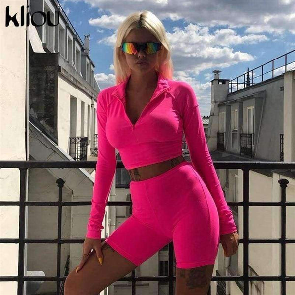 Planet Gates New Female Fluorescence Fitness Two Pieces Sets 2018 Autumn Full Sleeve Zipper Turtleneck Tops And High Waist Shorts Suits