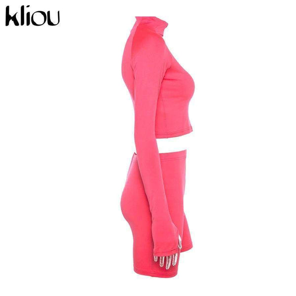 Planet Gates New Female Fluorescence Fitness Two Pieces Sets 2018 Autumn Full Sleeve Zipper Turtleneck Tops And High Waist Shorts Suits