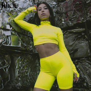 Planet Gates New Female Fluorescence Fitness Two Pieces Sets 2018 Autumn Full Sleeve Zipper Turtleneck Tops And High Waist Shorts Suits