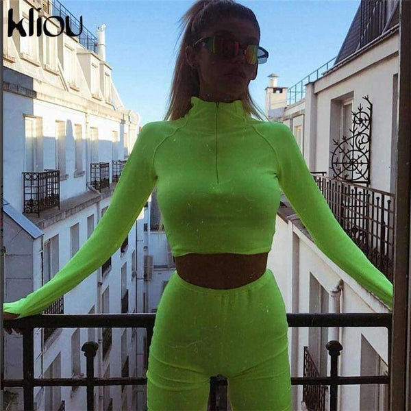 Planet Gates New Female Fluorescence Fitness Two Pieces Sets 2018 Autumn Full Sleeve Zipper Turtleneck Tops And High Waist Shorts Suits