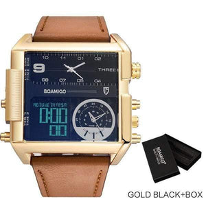 Planet Gates new gold black box Men sports watches 3 time zone big man fashion watch leather quartz wristwatches relogio masculino montre homme