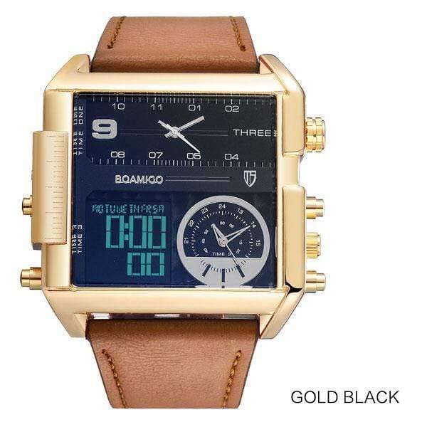 Planet Gates new gold black Men sports watches 3 time zone big man fashion watch leather quartz wristwatches relogio masculino montre homme