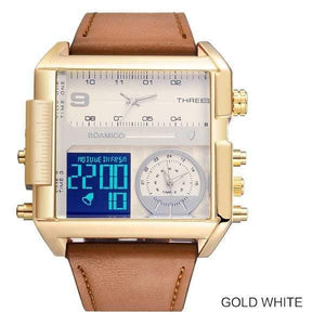 Planet Gates new gold white Men sports watches 3 time zone big man fashion watch leather quartz wristwatches relogio masculino montre homme