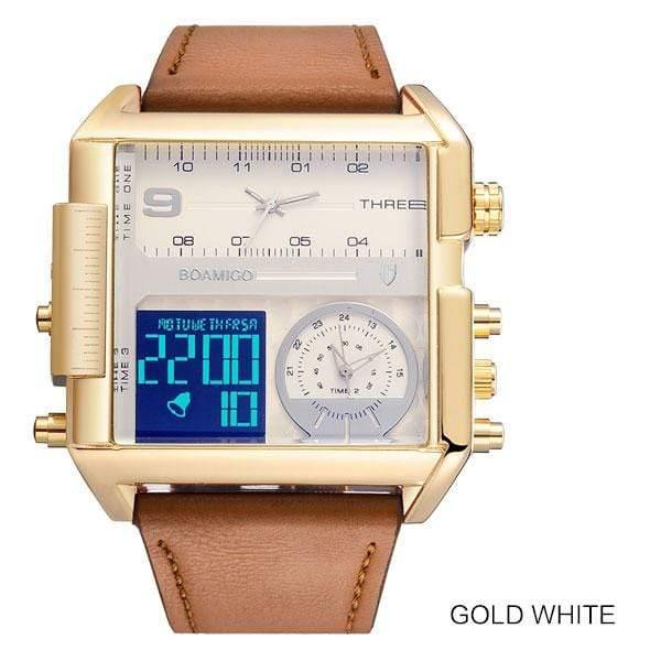 Planet Gates new gold white Men sports watches 3 time zone big man fashion watch leather quartz wristwatches relogio masculino montre homme