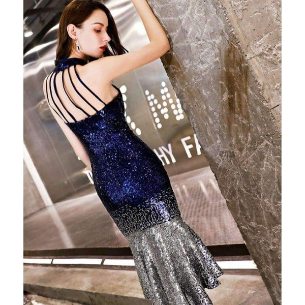 Planet Gates New Sexy Short Mermaid Cocktail Dress Halter Blue Gradient Sequin Slim Fishtail Party Formal Gown Robe De Soiree