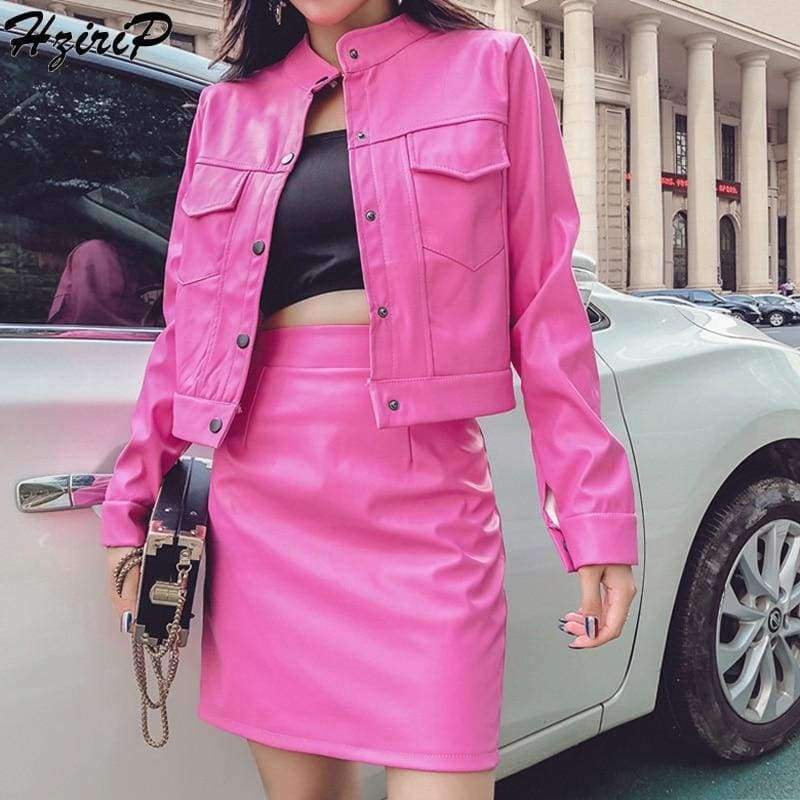 Planet Gates New Women Two Piece Set Female  Autumn Solid Jacket Top+Mini Skirt Faux Leather Suits Ladies Long Sleeve Outfit
