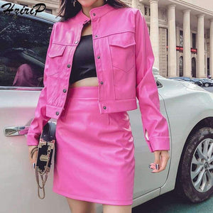 Planet Gates New Women Two Piece Set Female  Autumn Solid Jacket Top+Mini Skirt Faux Leather Suits Ladies Long Sleeve Outfit