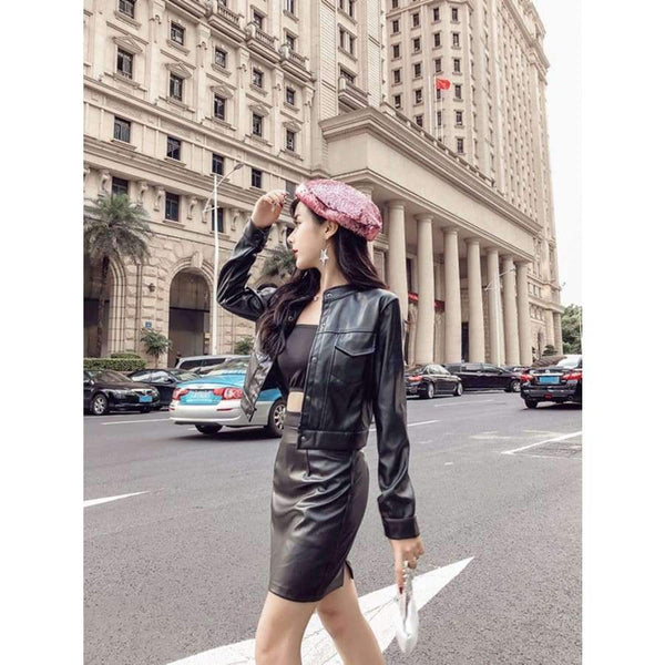 Planet Gates New Women Two Piece Set Female  Autumn Solid Jacket Top+Mini Skirt Faux Leather Suits Ladies Long Sleeve Outfit
