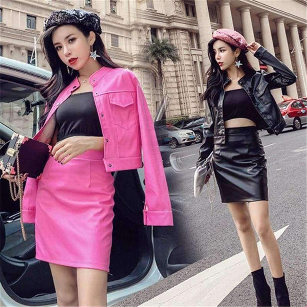 New Women Two Piece Set Female Autumn Solid Jacket Top+Mini Skirt Faux Leather Suits Ladies Long Sleeve Outfit
