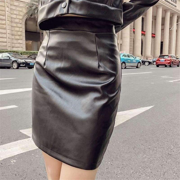 Planet Gates New Women Two Piece Set Female  Autumn Solid Jacket Top+Mini Skirt Faux Leather Suits Ladies Long Sleeve Outfit