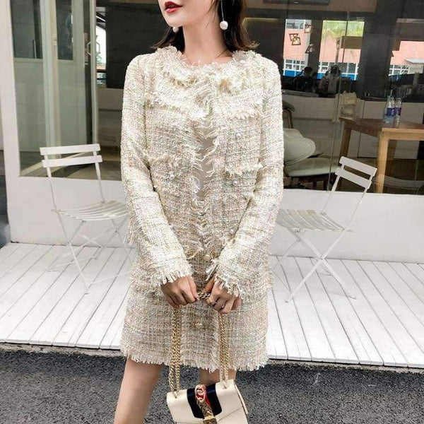 Planet Gates Newest Design Autumn Tassel Tweed Wool 2 pieces Sets Women Office Clothing Mujer Pearl jacket Coats + Skirt Suits