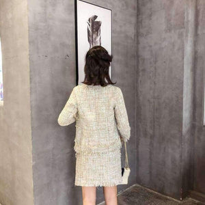 Planet Gates Newest Design Autumn Tassel Tweed Wool 2 pieces Sets Women Office Clothing Mujer Pearl jacket Coats + Skirt Suits