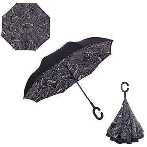 Planet Gates Newspaper Reverse Folding Double Layer Inverted Chuva Umbrella Self Stand Inside Out Rain Protection C-Hook Hands For Car