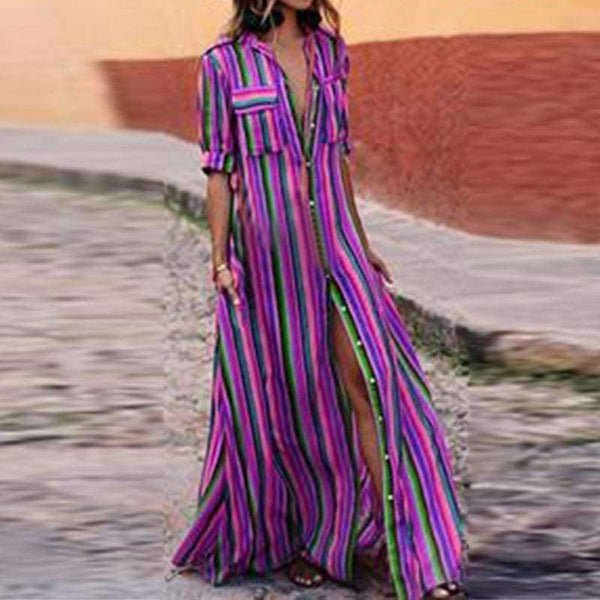 Planet Gates NIBESSER Kvinder Sommer Strand Maxi Kjole 2018 Sexet Høj Split Sundress Mode Farverig Stribet Print Boho Lang Festkjole Kåbe