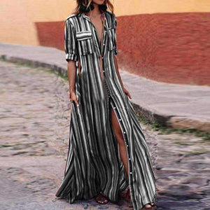 Planet Gates NIBESSER Kvinder Sommer Strand Maxi Kjole 2018 Sexet Høj Split Sundress Mode Farverig Stribet Print Boho Lang Festkjole Kåbe