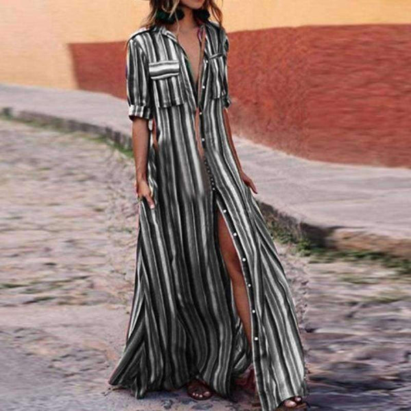 Planet Gates NIBESSER Kvinder Sommer Strand Maxi Kjole 2018 Sexet Høj Split Sundress Mode Farverig Stribet Print Boho Lang Festkjole Kåbe