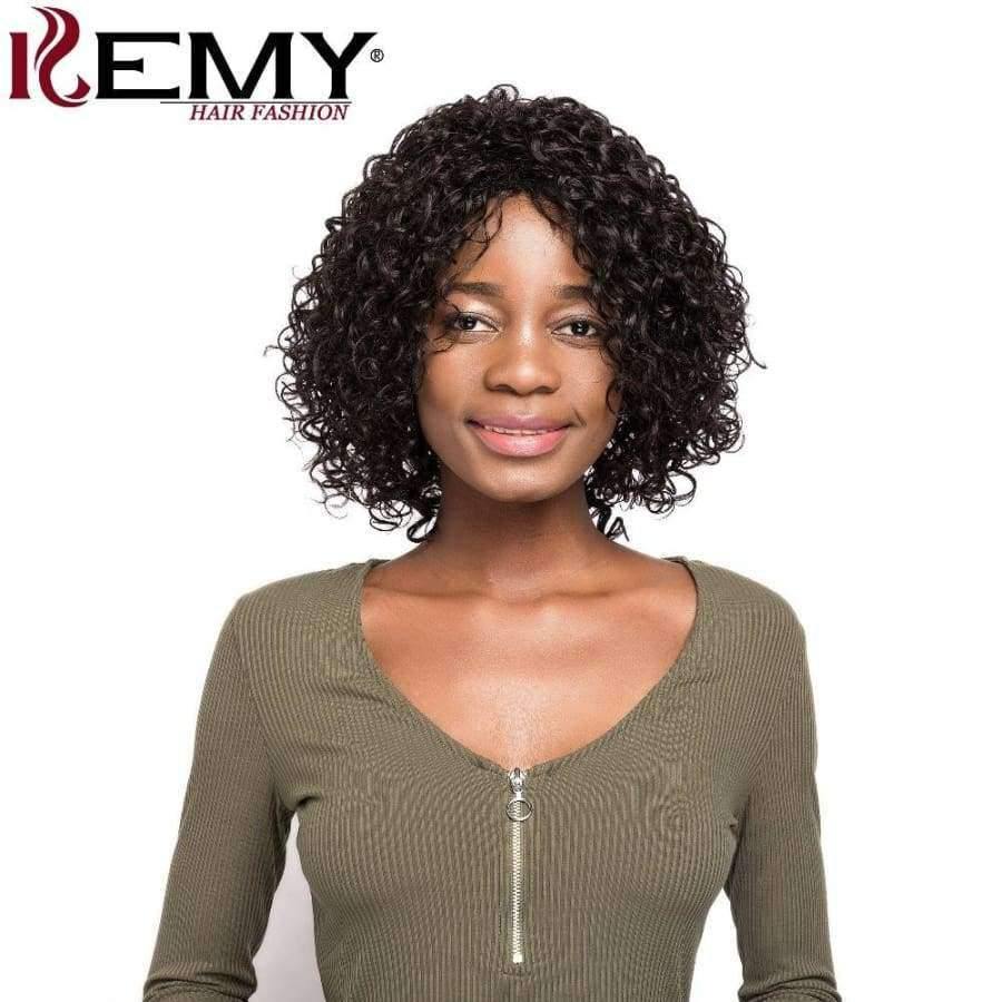 Planet Gates None Lace / 10inches / #2 Short Human Hair Wigs For Black Women 150% Density Side Part hair extensions Wigs Brazilian Remy Afro Kinky Curly Wigs KEMY HAIR