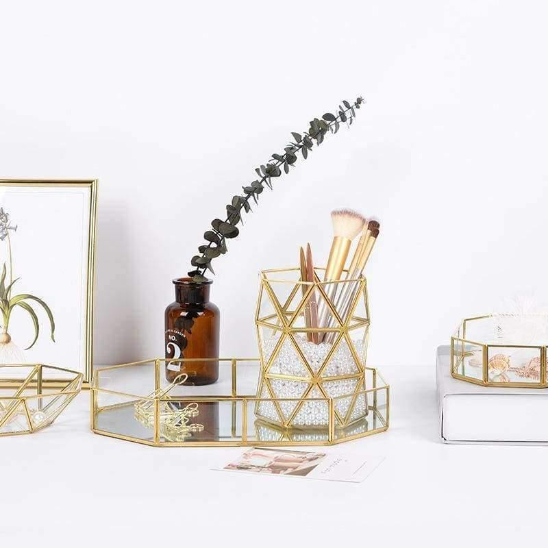 Planet Gates Nordic Style gold Pen Holder Brass Geometric Desk Multi-function Desk Storage Box Stationary Accessory Organizer H0170