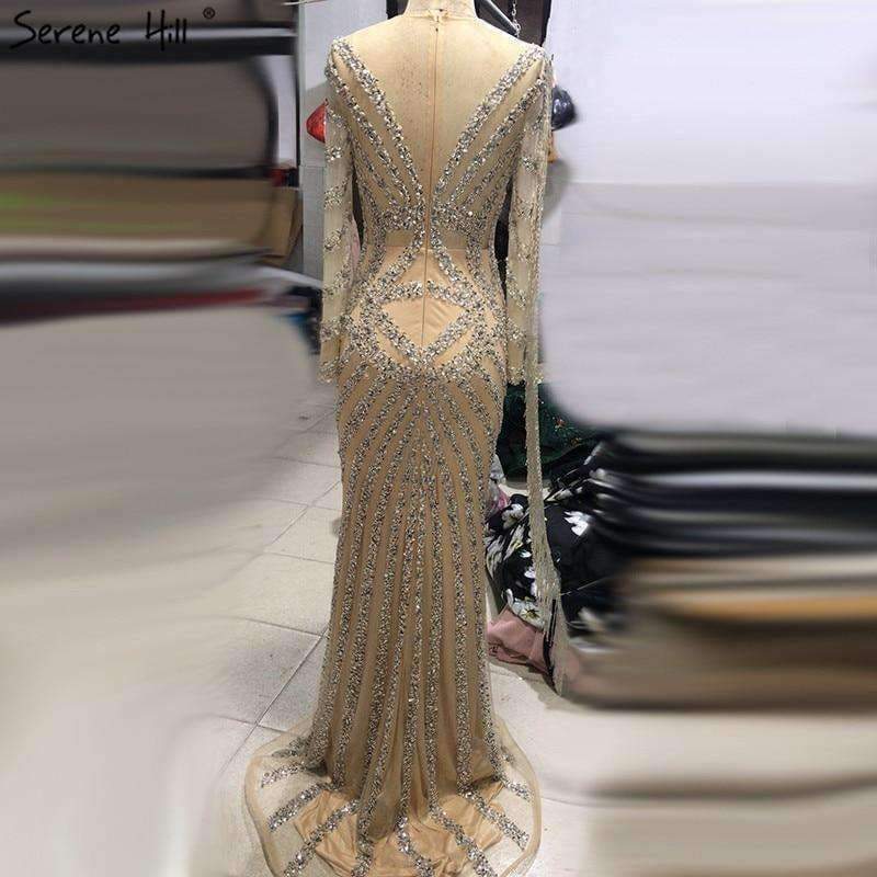 Planet Gates Dubai Nude Slim Mermaid Evening Dresses 2018 Long Sleeves Beading Tassel Fashion  Formal Evening Gown BLA6594