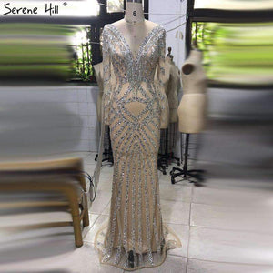 Planet Gates nude / 2 Dubai Nude Slim Mermaid Evening Dresses 2018 Long Sleeves Beading Tassel Fashion  Formal Evening Gown BLA6594