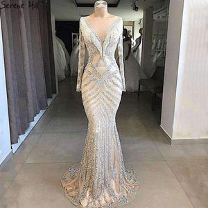 Planet Gates nude / 2 Dubai Nude Slim Mermaid Evening Dresses 2018 Long Sleeves Beading Tassel Fashion  Formal Evening Gown BLA6594