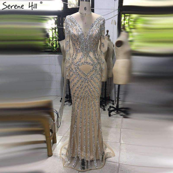 Planet Gates nude / 2 Dubai Nude Slim Mermaid Evening Dresses 2018 Long Sleeves Beading Tassel Fashion  Formal Evening Gown BLA6594