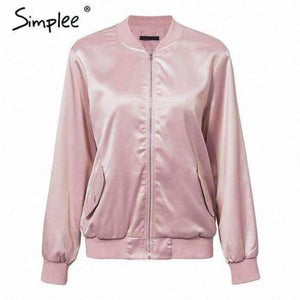 Planet Gates Nude Pink / S Elegant satin basic jacket coat Women lace up pocket biker jacket outwear Autumn winter casual zipper bomber jacket
