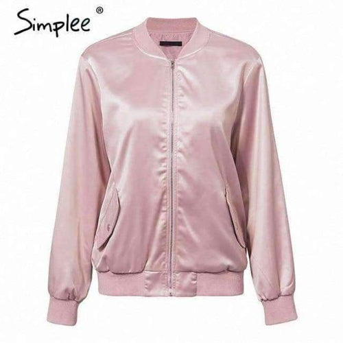 Planet Gates Nude Pink / S Elegant satin basic jacket coat Women lace up pocket biker jacket outwear Autumn winter casual zipper bomber jacket