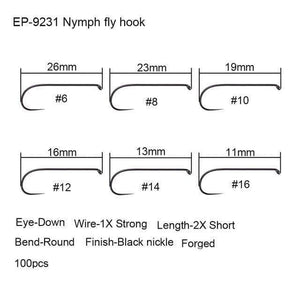 Planet Gates Nymph fly hook 9231 / 1 100pcs Competition Fly Fishing Hook Barbless No Barb hook Fishing Dry Nymph Shirmp Wet Caddis Fly Hook Black Nickle New