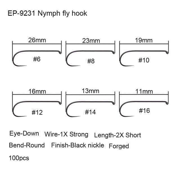 Planet Gates Nymph fly hook 9231 / 1 100pcs Competition Fly Fishing Hook Barbless No Barb hook Fishing Dry Nymph Shirmp Wet Caddis Fly Hook Black Nickle New
