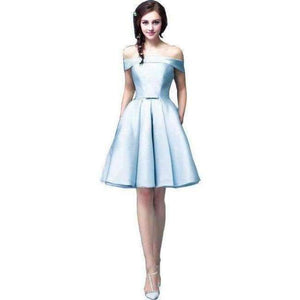 Planet Gates off shoulder blue / 2 Champagne Bridesmaid Dresses Pink Blue Short Satin Knee Length Party Prom Dresses robe de mariage Cheap Custom Made