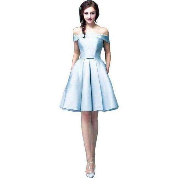 Planet Gates off shoulder blue / 2 Champagne Bridesmaid Dresses Pink Blue Short Satin Knee Length Party Prom Dresses robe de mariage Cheap Custom Made
