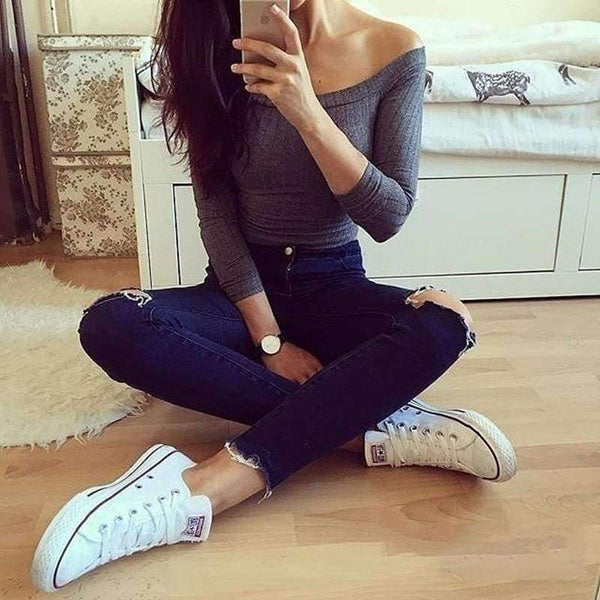 Planet Gates Off shoulder crop top t shirts hot sale long sleeve solid short t-shirts for women clothing fashion slim t-shirt