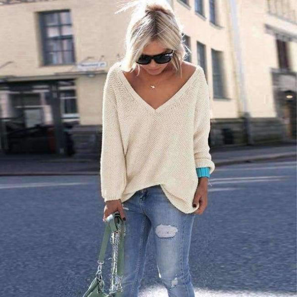 Planet Gates ON0069-beige / S Autumn Winter Full Sleeve  Knitted Sweater Women Sexy V-neck Loose Casual Female Pullover Solid Beige Gray Pink
