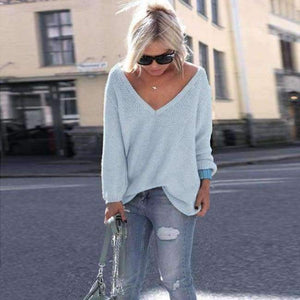 Planet Gates ON0069-blue / S Autumn Winter Full Sleeve  Knitted Sweater Women Sexy V-neck Loose Casual Female Pullover Solid Beige Gray Pink